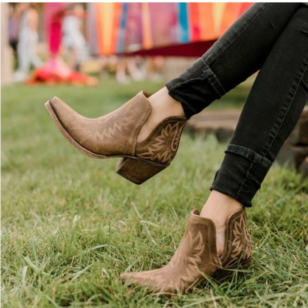 Ariat Tan Suede Western Ankle Booties with Embroidered Shaft